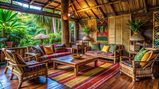 Traditional bamboo and wooden Filipino native house interior featuring woven furniture, colorful textiles, and lush