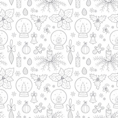 Seamless pattern with Christmas items, festive background for packaging and gifts, outline.