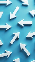 Multiple white arrows pointing in various directions on a blue background. Concept of choice, decisions, paths, and directions in life.