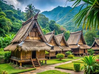 Traditional wooden longhouses with thatched roofs and ornate carvings stand amidst lush greenery in a serene rural