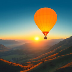 Hot air balloon ascends at sunrise over colorful hills