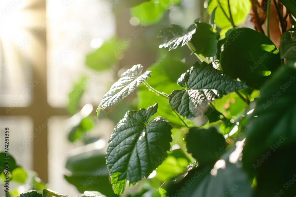 Poster An enchanting close-up view of glossy green leaves illuminated by soft sunlight, showcasing the delicate textures and vibrant life of the lush foliage in a tranquil setting.