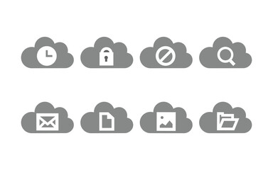 Cloud connection. set of cloud icons. search, block, lock, clock, message, video, image and folder cloud computing. graphic picture. high quality. illustration graphic vector design