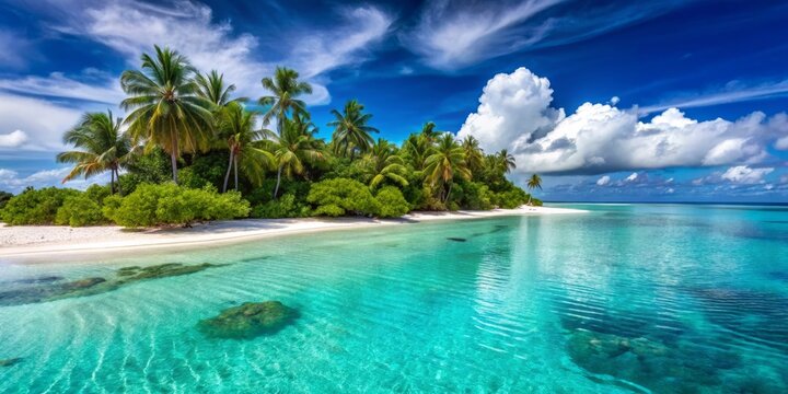 Turquoise waters gently lap against the powdery white sand shores of a picturesque tropical island, surrounded by palm