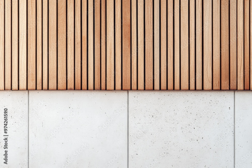 Poster This image depicts a modern design with vertical wooden slats placed over a concrete wall. It highlights the harmony of wood's warmth with the coolness of concrete.