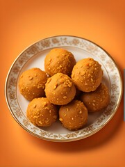 besan laddu on the plate isolated on an orang background 
