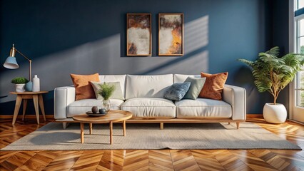 White sofa on wooden parquet. Minimalist, scandinavian home interior design of modern living room.

