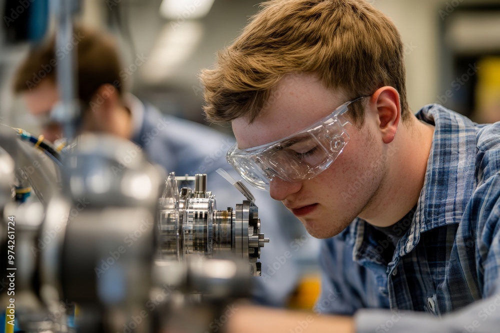 Fototapete Engineer intensely focused on a machine part within a workshop, highlighting meticulous craftsmanship and dedication in a neatly organized and professional environment.