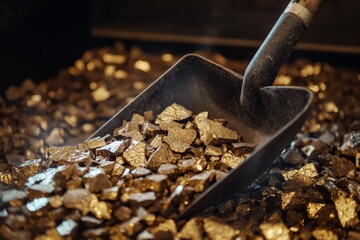 Numerous pieces of gold fill a shovel under bright light, representing the fruit of laborious mining efforts and the ultimate reward of discovering precious metals.