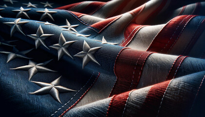 A flag with stars and stripes is shown in a close up. The flag is blue, white, and red