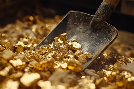 A close-up of a shovel filled with chunky gold nuggets, glowing under light, showcases the tangible rewards of extensive mining and the pristine allure of raw precious metals.
