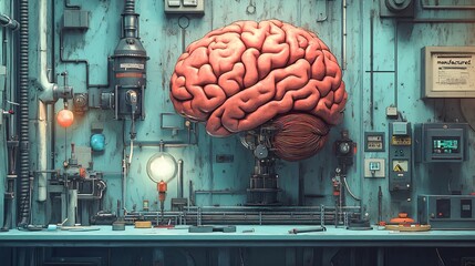 Show a cartoon brain as a quirky factory where creative ideas are "manufactured