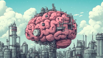 Show a cartoon brain as a quirky factory where creative ideas are "manufactured