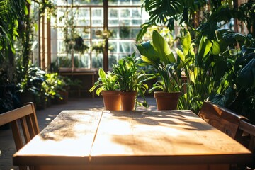 Fototapeta premium A sunlit greenhouse featuring a wooden table and chairs, with potted plants on the table. The scene is bright and filled with lush foliage creating a serene atmosphere.