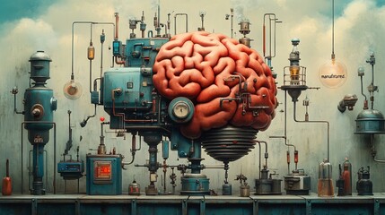 Show a cartoon brain as a quirky factory where creative ideas are "manufactured