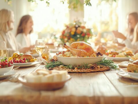 Thanksgiving family gathering around a festive dinner table