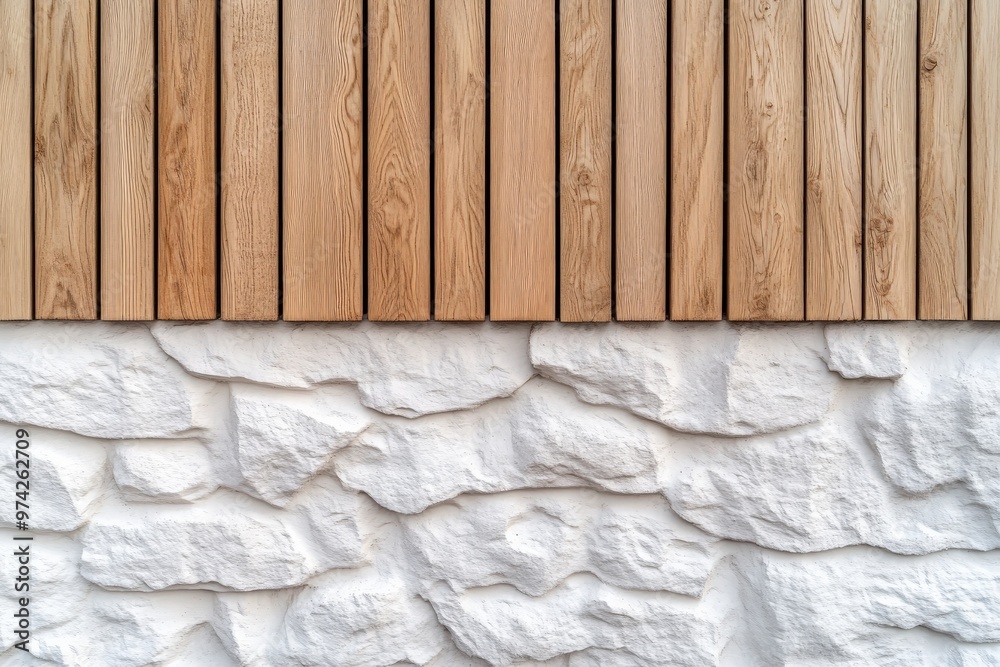 Poster This image highlights a part of the wall with the upper portion consisting of vertical light wooden planks and the lower section is made up of white stone bricks.