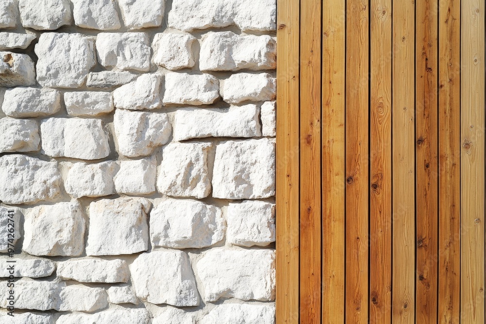 Poster a contrasting combination of a textured white stone brick wall on the left meeting vertical brown wo