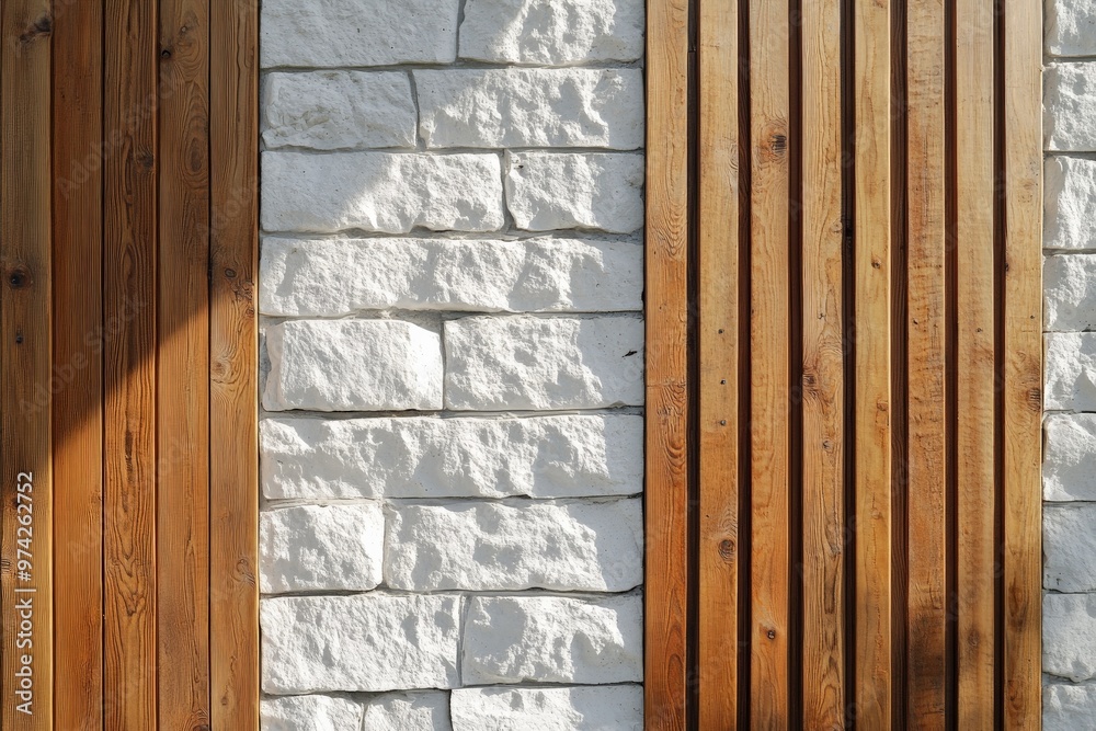 Poster A modern rustic wall composition featuring vertical wooden panels and horizontal stone bricks, creating a harmonious blend of natural materials and contemporary design.