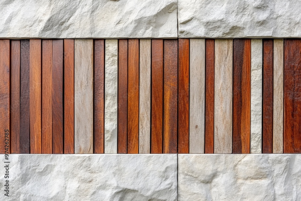 Aufkleber An abstract composition showcasing a geometric pattern with alternating wooden and stone strips, creating a visually engaging and texturally rich surface.