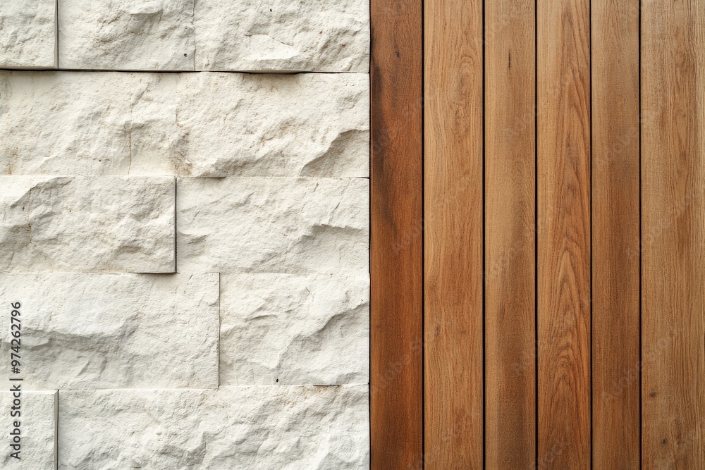 Aufkleber A clean and architectural wall design featuring a sharp contrast between smooth wooden panels and rugged stone bricks, emphasizing the interplay of materials.