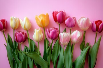 Obraz premium Display of vibrant tulips against a gentle pink background, perfect for gifts on occasions like march 8th, valentine's day, birthdays, and easter, with space for a personalized message