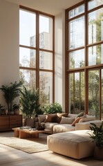 A modern living room with large windows, white walls, and a wooden floor