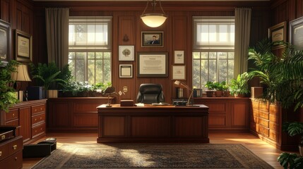 Fototapeta premium Cozy and Regal Home Office with Wooden Accents and Lush Greenery