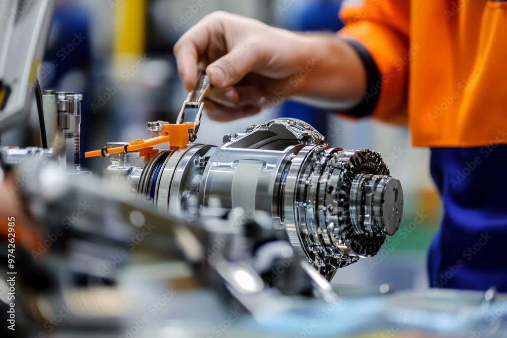 Aufkleber An engineer is intricately working on sophisticated machinery, demonstrating technical expertise and a high level of dedication in a professional workshop environment.