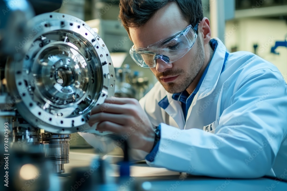 Leinwandbilder a specialist in a lab coat is meticulously inspecting an advanced machinery part, highlighting state
