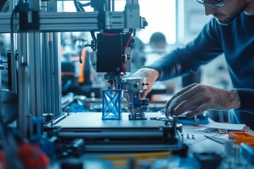 A person operates a 3D printer, carefully working on creating a complex geometric object with detailed mechanical parts in a well-equipped lab environment.