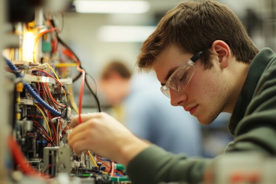 An engineer attentively assembling electrical components with precision in a detailed oriented manner, highlighting technical skill and careful methodology in a high-tech work environment.