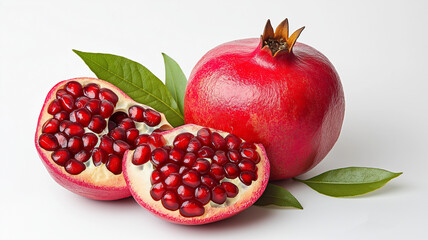 Fresh pomegranate fruits with vibrant red seeds and green leaves
