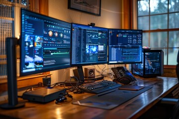 Naklejka premium Modern Telecommuting Workspace with Dual Monitors and High-Speed Internet, Enhancing Productivity