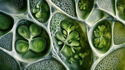 A detailed microscopic view of plant cells, emphasizing chloroplasts and cell walls, an abstract representation of photosynthesis