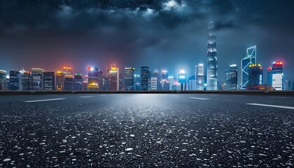 Asphalt road with a city skyline with modern building night