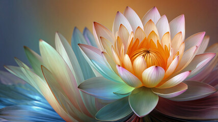 Fototapeta premium Abstract Symmetrical Lotus Flower with Vibrant Gradient Colors, Lotus flowers with geometric abstract background
