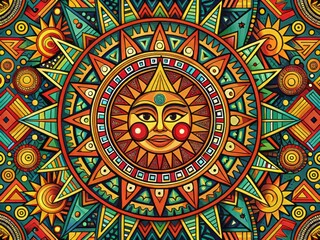 Fototapeta premium Vibrant Aztec-inspired sunburst design featuring intricate geometric patterns, swirling spirals, and radiant sunbeams,