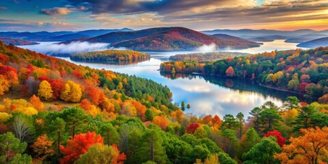 Vibrant autumn foliage surrounds a tranquil lake in the Ouachita Mountains of Oklahoma, with rolling hills and misty