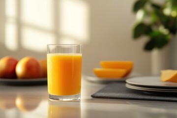 Fototapeta premium A glass of orange juice beside apples and mango slices in a sunlit setting.