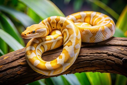 Vibrant banana pied ball python coils around a branch, showcasing its stunning yellow and cream coloration, intricate