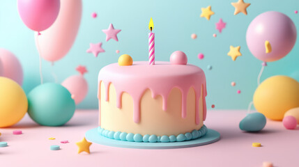 A smooth pastel-colored 3D birthday cake with a single candle and delicate 3D decorations creates an adorable and minimalist design.