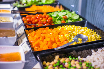 Colorful fresh vegetable salad bar with homemade sauces dressing