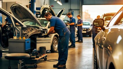 Mechanics perform vehicle repairs in a busy automotive workshop, showcasing teamwork and precision in a dynamic environment