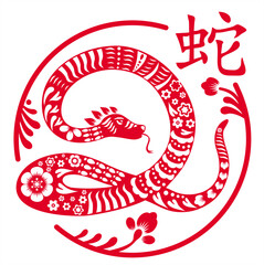 Happy Chinese new year 2025 year of the snake zodiac sign.  Asian Traditional illustration with Snake, flower, Asian elements. Translation: snake year
