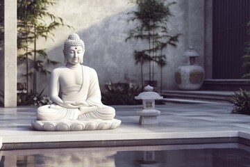Tranquil Garden with Buddha Statue Near Reflective Pond for Serenity and Meditation
