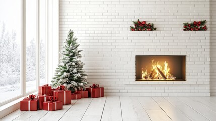 Cozy Christmas Living Room with Fireplace and Christmas Tree