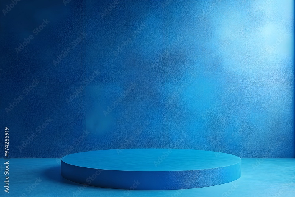 Wall mural 3d rendering blue wall with minimal podium scene background