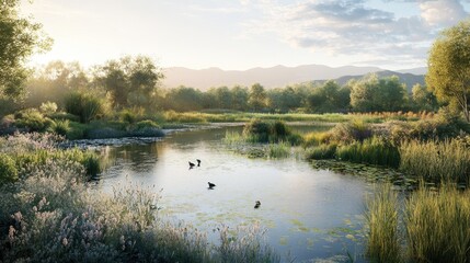 Serene Lakeside Landscape with Ducks in the Tranquil Waters