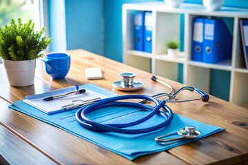 Vibrant blue doctor's office background with stethoscope, medical charts, and other equipment scattered on a sleek
